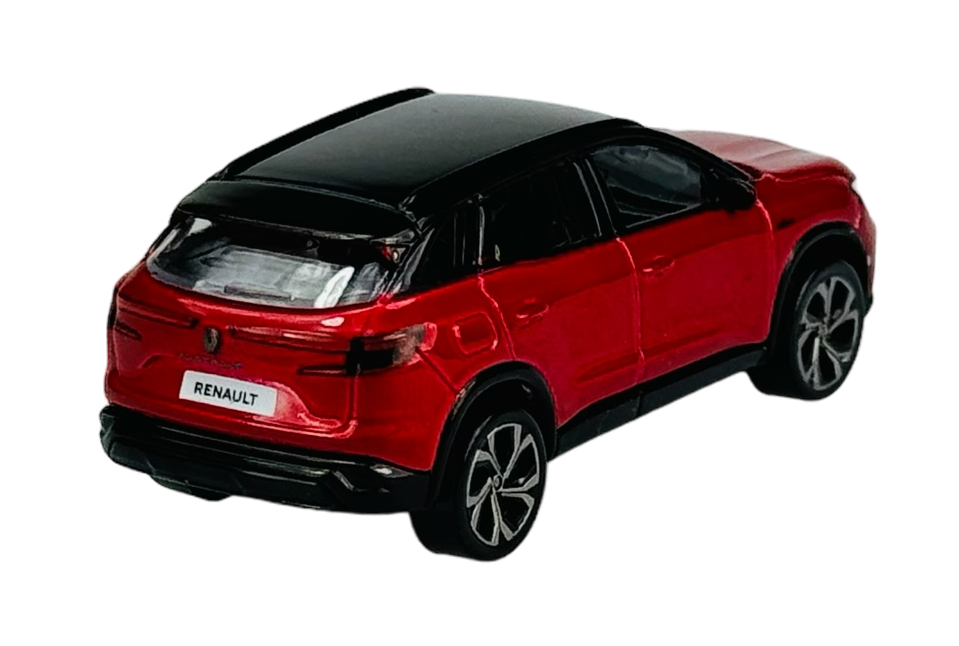 Model samochodu w kolorze czerwonym z czarnym dachem, z widocznym napisem \'RENAULT\' na tablicy rejestracyjnej. Samochód ma szczegółowe felgi i przezroczyste szyby.