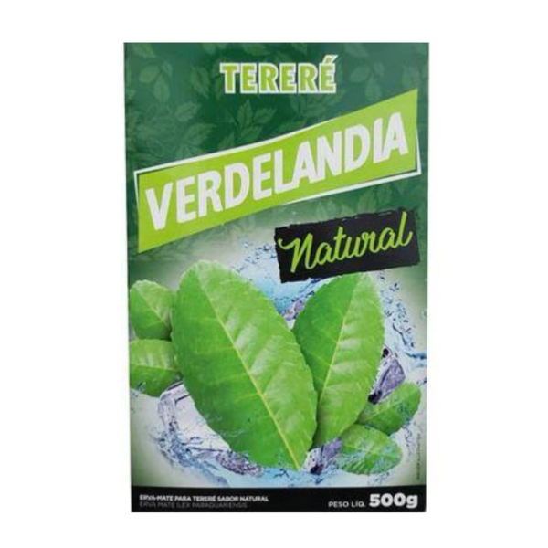 Opakowanie Yerba Mate Verdelandia Terere Natural 500g z zielonymi liśćmi na tle. Widoczny tekst: \'TERERÉ VERDELANDIA Natural\' oraz \'PESO LÍQ. 500g\'.