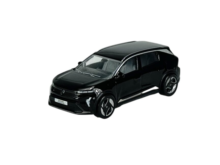 Czarny model samochodu w skali 1:64, z widocznym logo Renault na przodzie. Samochód ma nowoczesny design z charakterystycznymi felgami.
