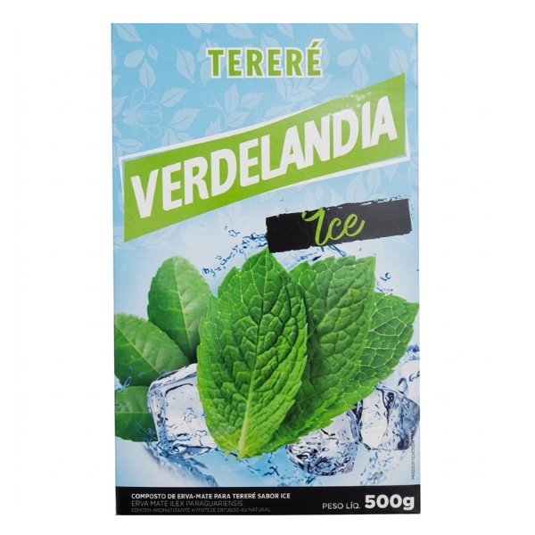 Opakowanie produktu z napisem \'TERERÉ VERDELANDIA Ice\' oraz grafiką liści mięty i kostek lodu. Na dole widnieje tekst \'PESO LÍQ. 500g\'.