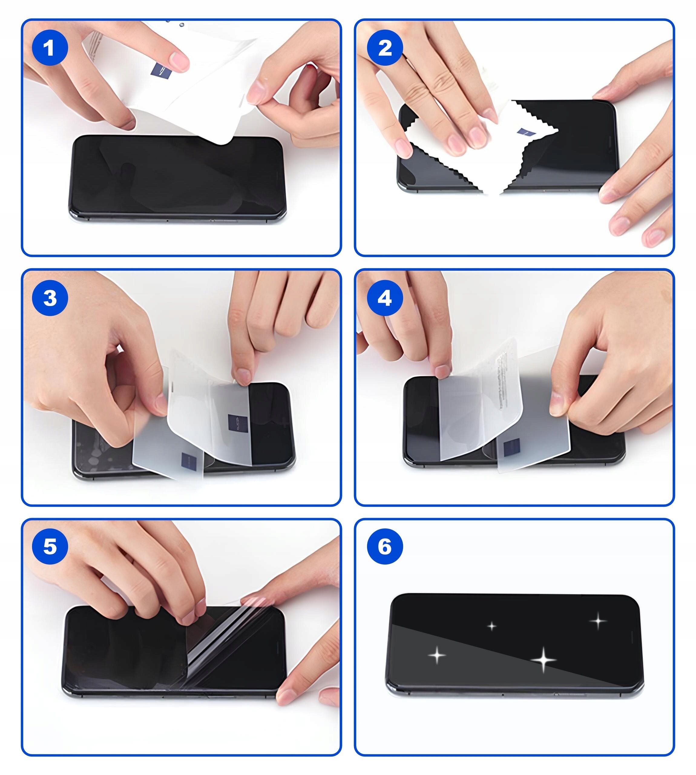 Sześć obrazków przedstawiających proces nakładania folii ochronnej na ekran smartfona, z numerami kroków od 1 do 6 w niebieskich kółkach. Na ostatnim obrazku ekran jest czysty i błyszczący.