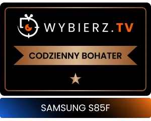 300x240 wybierztv s85f Grafika przedstawia logo z napisem \'WYBIERZ.TV CODZIENNY BOHATER\' oraz tekst \'SAMSUNG S85F\' poniżej. W tle widoczny jest gradient od niebieskiego do czarnego.
