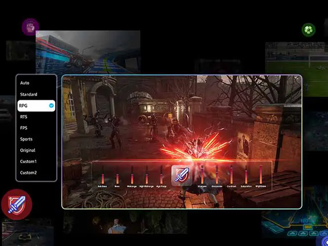 Ekran telewizora wyświetla scenę z gry RPG z menu ustawień po lewej stronie, gdzie wybrana jest opcja \'RPG\'. Na dole ekranu widoczne są suwaki do regulacji różnych parametrów obrazu.