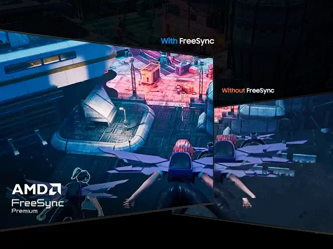 Obraz przedstawia porównanie jakości obrazu z technologią \'With FreeSync\' i bez niej \'Without FreeSync\'. Widoczny jest także napis \'AMD FreeSync Premium\'.