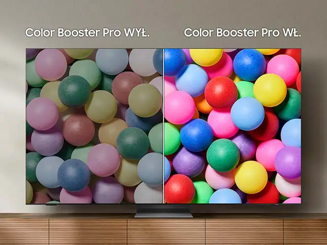 Obraz przedstawia telewizor z podzielonym ekranem, pokazującym różnicę w jakości kolorów. Po lewej stronie widnieje napis \'Color Booster Pro WYŁ.\', a po prawej \'Color Booster Pro WŁ.\'.