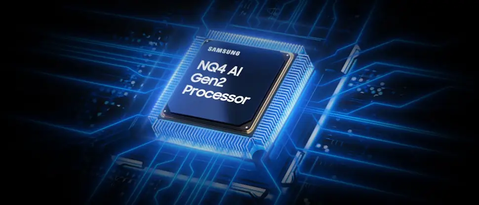 970x415 vision ai q4 ai processor 2 pc start pc Obraz przedstawia procesor z napisem \'SAMSUNG NQ4 AI Gen2 Processor\' na tle niebieskich linii przypominających obwody elektroniczne.