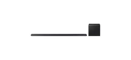 soundbar ultra-slim Na obrazie widoczny jest czarny soundbar oraz subwoofer na białym tle.