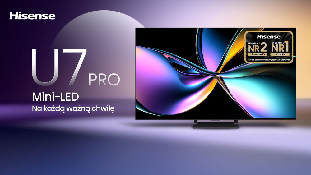 Obraz przedstawia telewizor z kolorowym wyświetlaczem oraz tekstem: \'Hisense U7 PRO Mini-LED Na każdą ważną chwilę\'. W lewym górnym rogu widoczne jest logo \'Hisense\'.