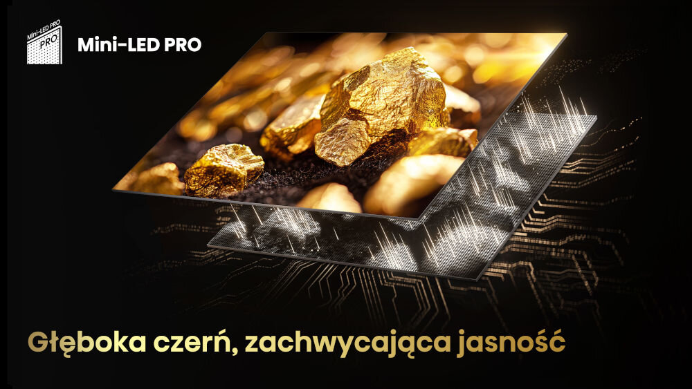 Obraz przedstawia ekran z wyświetlonymi złotymi bryłkami, z napisem \'Głęboka czerń, zachwycająca jasność\'. W lewym górnym rogu widnieje logo \'Mini-LED PRO\'.