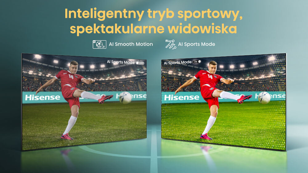 Obraz przedstawia dwa ekrany telewizorów z piłkarzem kopiącym piłkę na stadionie. Na górze widnieje tekst: \'Inteligentny tryb sportowy, spektakularne widowiska\'.
