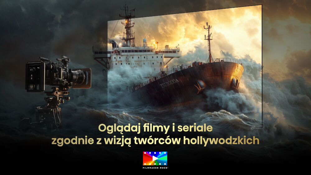 Obraz przedstawia statek na wzburzonym morzu, widoczny na ekranie telewizora. Na dole znajduje się tekst: \'Oglądaj filmy i seriale zgodnie z wizją twórców hollywoodzkich\' oraz logo z napisem \'FILMMAKER MODE\'.