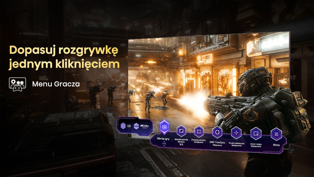 Obraz przedstawia ekran telewizora z dynamiczną sceną akcji z gry, na której widać postać z bronią. Po lewej stronie znajduje się tekst: \'Dopasuj rozgrywkę jednym kliknięciem\' oraz \'Menu Gracza\'.