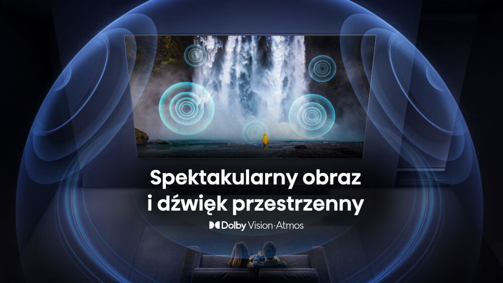 Obraz przedstawia telewizor wyświetlający wodospad z efektami dźwiękowymi symbolizowanymi przez kręgi. Na dole widoczny jest tekst: \'Spektakularny obraz i dźwięk przestrzenny Dolby Vision Atmos\'.