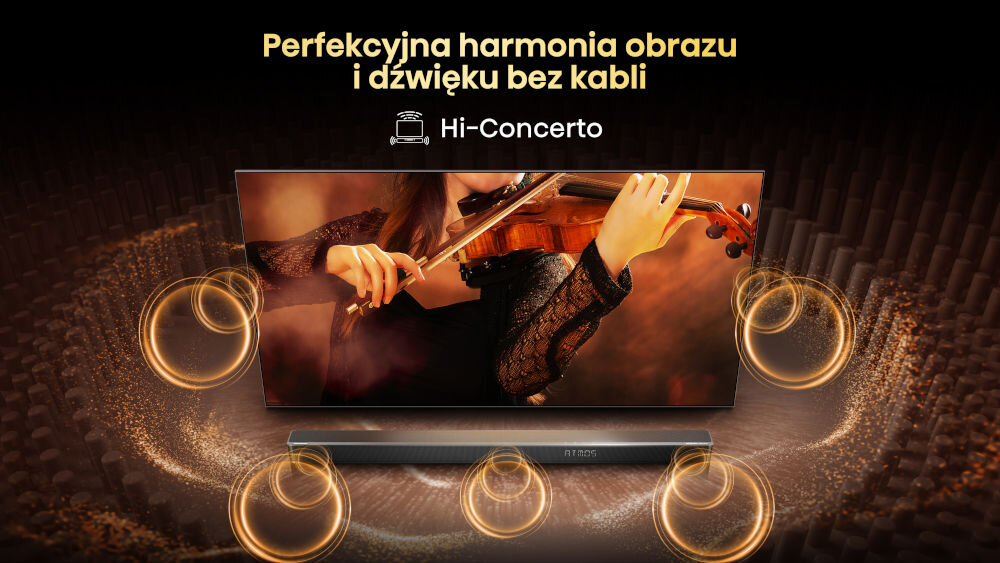 Na obrazie widoczny jest telewizor z wyświetlonym obrazem osoby grającej na skrzypcach, otoczony efektami świetlnymi. Na górze znajduje się tekst: \'Perfekcyjna harmonia obrazu i dźwięku bez kabli Hi-Concert\'.