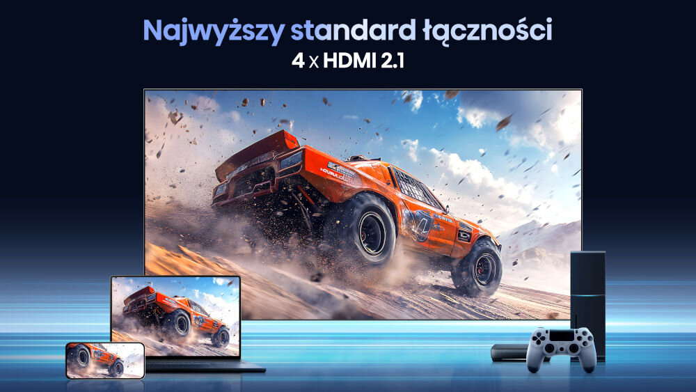 Obraz przedstawia telewizor wyświetlający dynamiczną scenę z wyścigów samochodowych, obok którego znajdują się laptop, konsola do gier i kontroler. Na górze widoczny jest tekst: \'Najwyższy standard łączności 4 x HDMI 2.1\'.