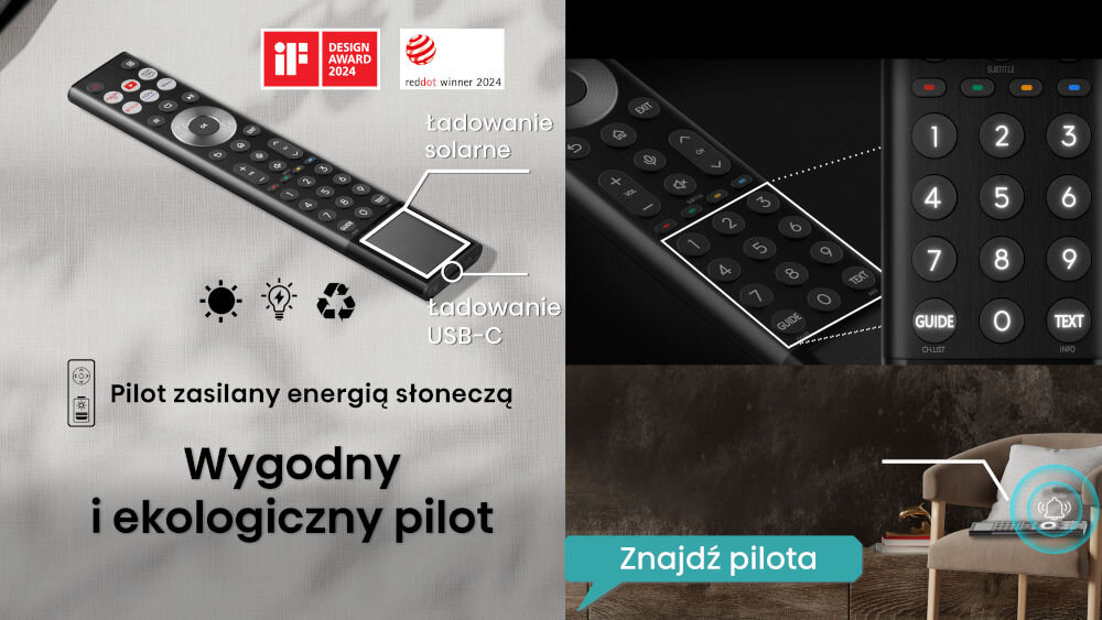 Obraz przedstawia pilot zdalnego sterowania z funkcją ładowania solarnego i USB-C, z tekstem: \'Pilot zasilany energią słoneczną. Wygodny i ekologiczny pilot\'. Widoczne są również loga nagród i oznaczenie \'Znajdź pilota\'.