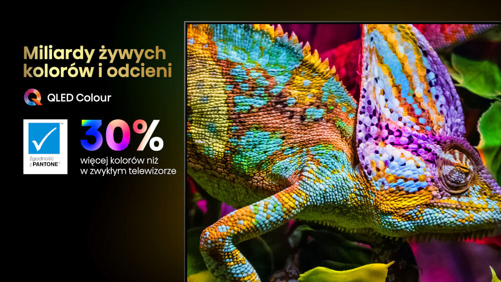 Obraz przedstawia kolorowego kameleona na tle roślin, z tekstem: \'Miliardy żywych kolorów i odcieni\', \'QLED Colour\', \'30% więcej kolorów niż w zwykłym telewizorze\'.