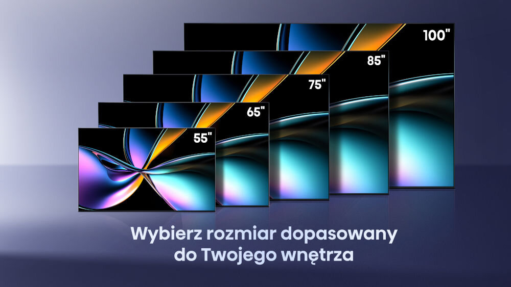 Na obrazie widoczne są telewizory w różnych rozmiarach: 55\