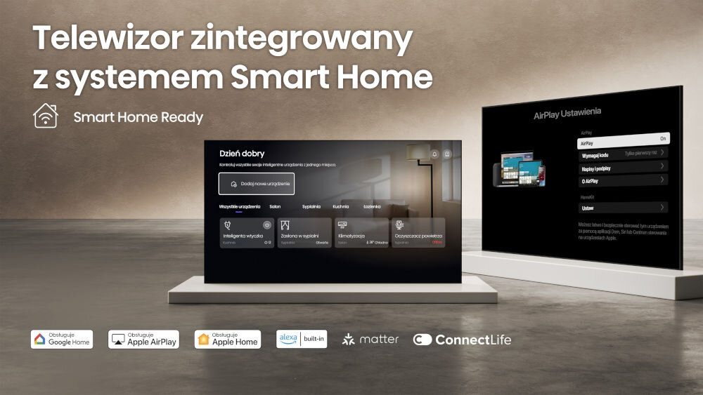 Na obrazie widoczne są dwa ekrany telewizorów z interfejsem systemu Smart Home. Na górze znajduje się tekst: \'Telewizor zintegrowany z systemem Smart Home\', a poniżej logotypy Google Home, Apple AirPlay, Apple Home, Alexa, Matter i ConnectLife.