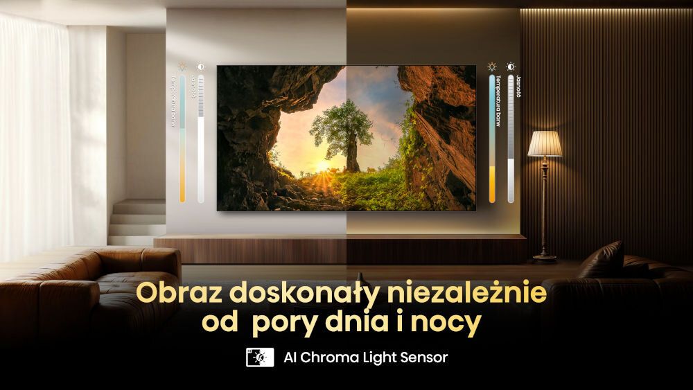W salonie na ścianie wisi telewizor, na którym wyświetlany jest obraz drzewa w krajobrazie, podzielony na dwie części z różnym oświetleniem. Na dole widnieje napis: \'Obraz doskonały niezależnie od pory dnia i nocy\' oraz ikona z napisem \'AI Chroma Light Sensor\'.