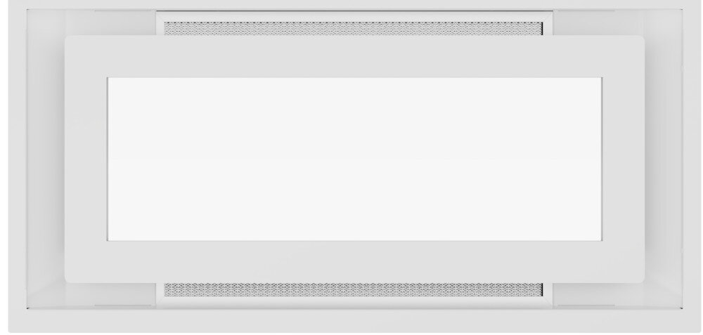 Biały okap kuchenny o prostokątnym kształcie z centralnym panelem i kratką wentylacyjną. Produkt ma minimalistyczny design bez widocznych napisów czy logo.