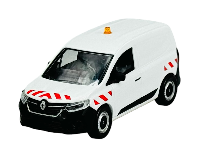 Model białego vana z czerwonymi pasami na masce i bokach oraz pomarańczowym światłem na dachu. Na przodzie widoczne jest logo Renault.