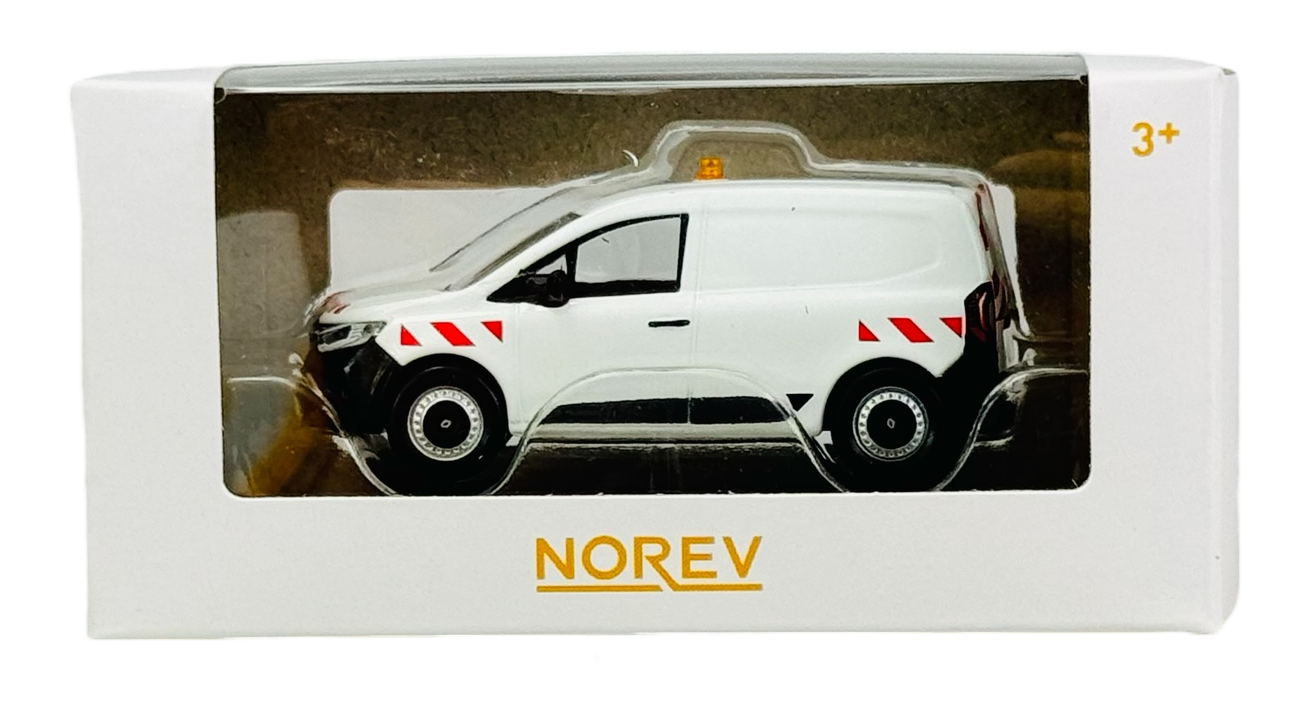 Model samochodu dostawczego w kolorze białym z czerwonymi detalami, zapakowany w pudełko z przezroczystym frontem. Na pudełku widnieje napis \'NOREV\' oraz oznaczenie \'3+\'.