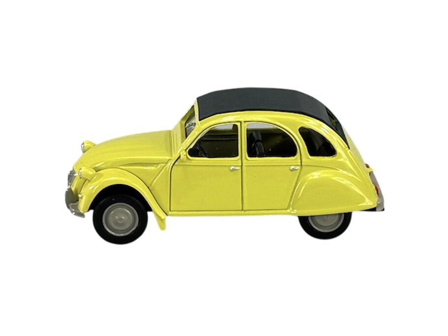 Model samochodu w kolorze żółtym z czarnym dachem, przedstawiający klasyczny Citroen 2CV. Posiada szczegółowe elementy, takie jak drzwi i koła.