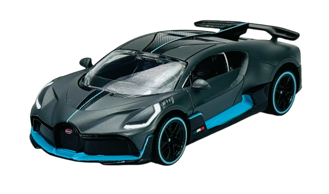 Model samochodu w skali 1:43 w kolorze grafitowym z niebieskimi akcentami, przedstawiający sportowy pojazd z charakterystycznym spojlerem i detalami aerodynamicznymi.