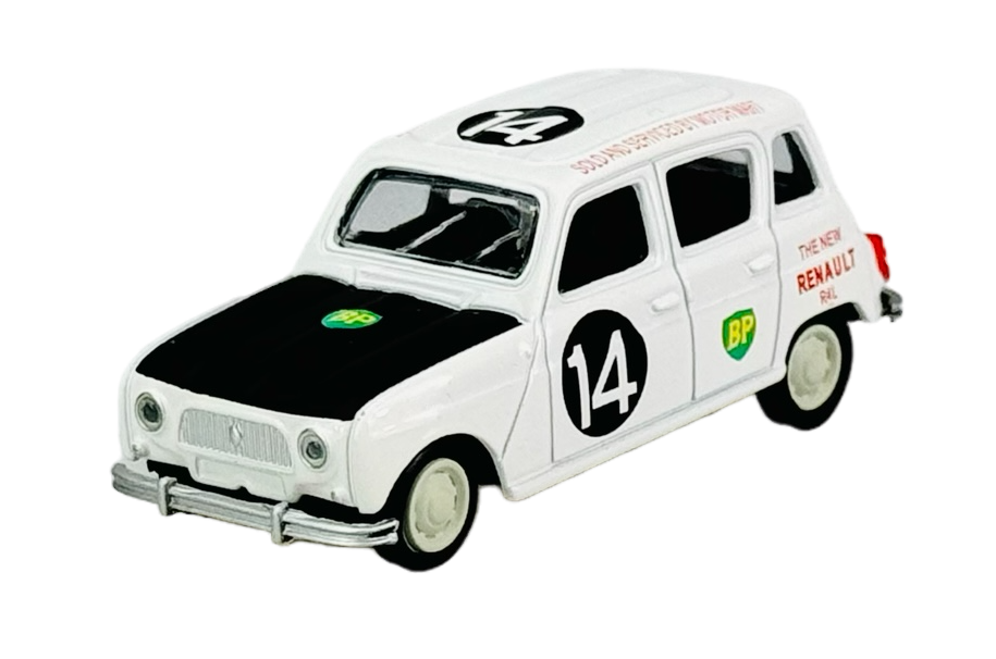 Model samochodu w kolorze białym z czarną maską, oznaczony numerem 14. Na boku widoczne są logotypy BP i napis \'THE NEW RENAULT R4L\'.