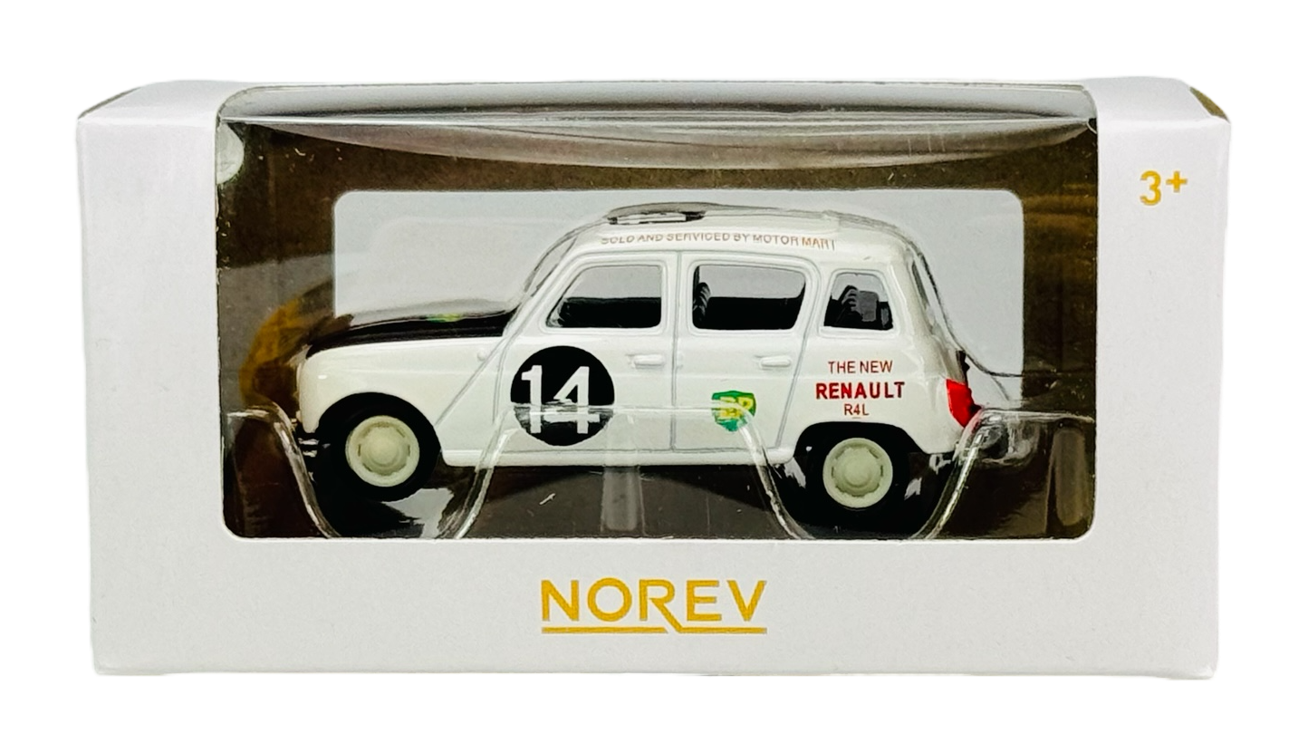 Model samochodu w skali 1:54 w kolorze białym z numerem 14 na drzwiach, zapakowany w pudełko z logo \'NOREV\'. Na samochodzie widoczny jest napis \'THE NEW RENAULT R4L\'.