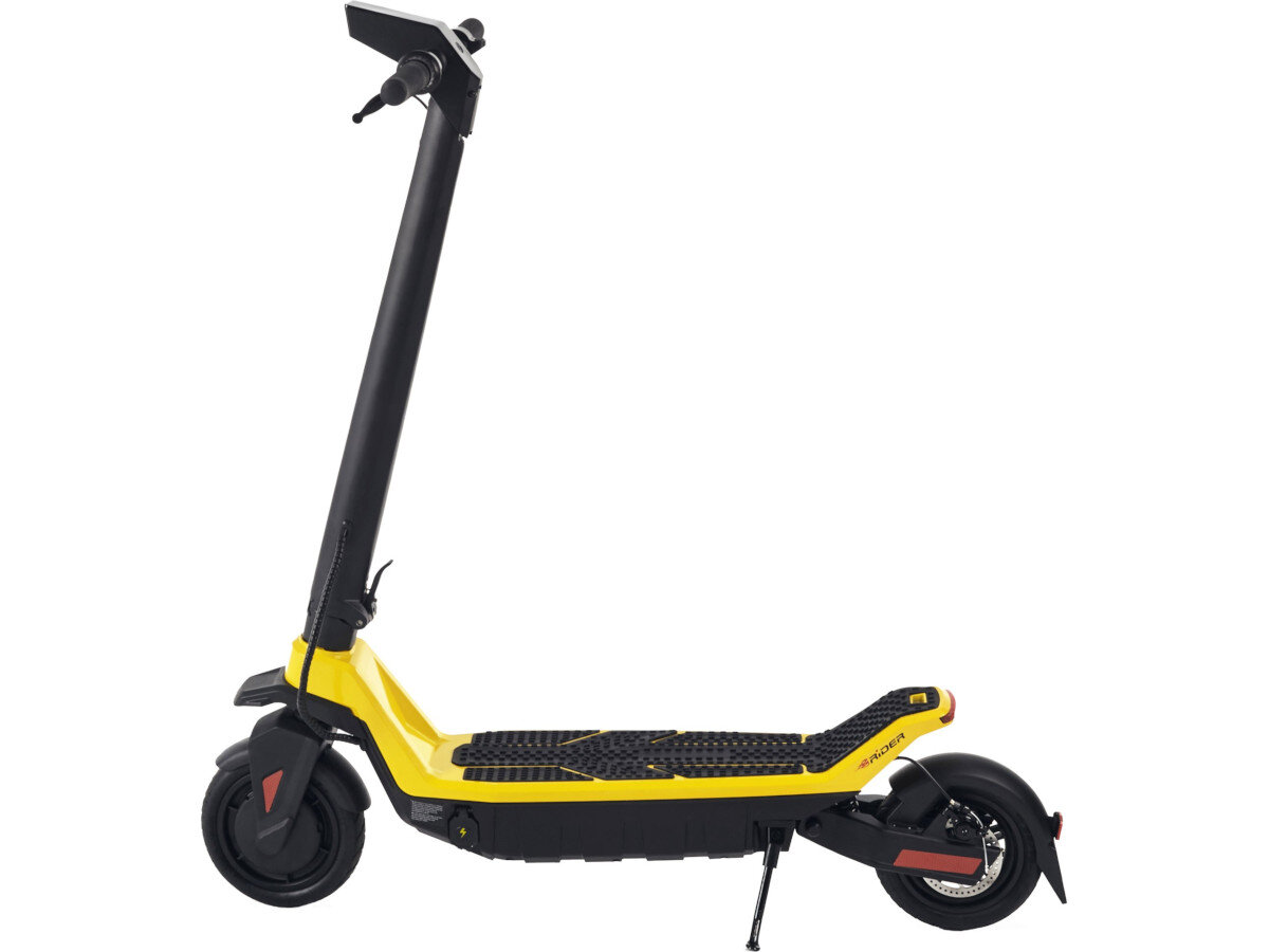 Czarno-żółta hulajnoga elektryczna z dużymi kołami i amortyzacją. Na ramie widoczny jest napis \'RIDER\'.