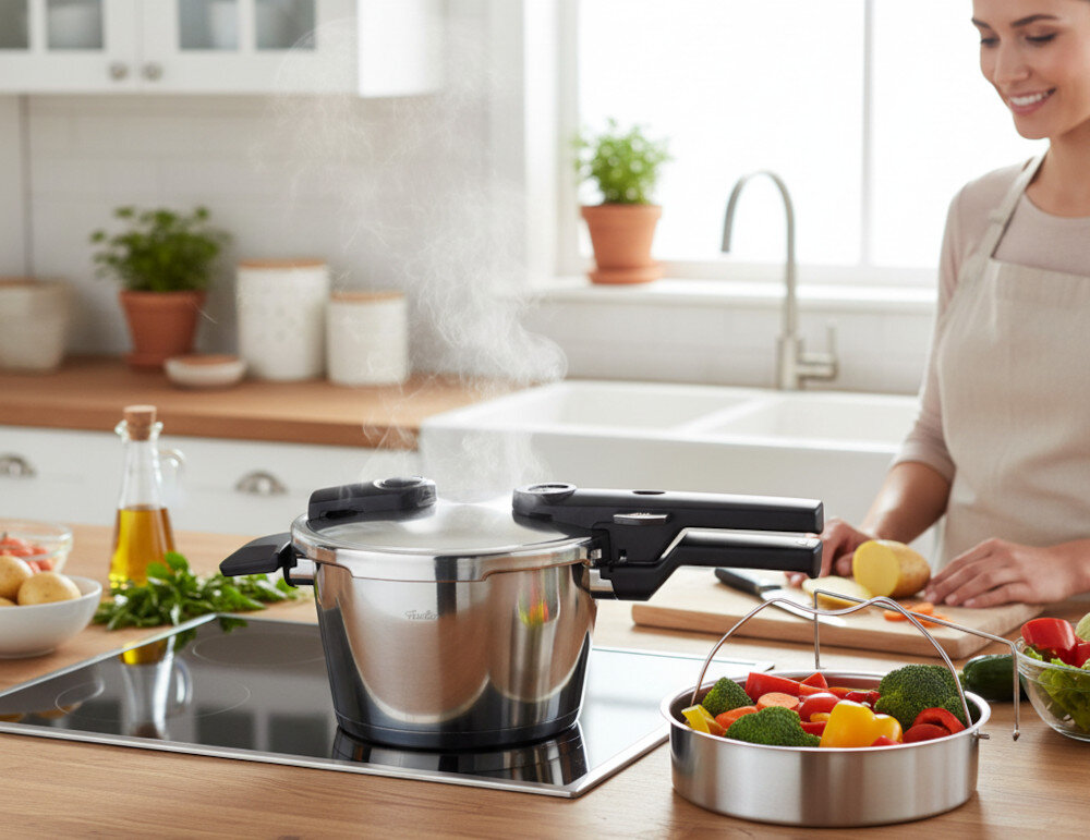 Szybkowar FISSLER Vitaquick Premium 602-810-08-070/0 zdjęcie lifestyle gotowanie pod ciśnieniem