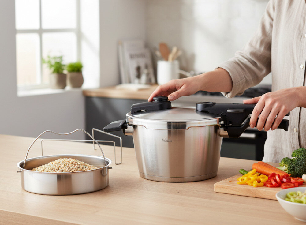 Szybkowar FISSLER Vitaquick Premium 602-810-08-070/0 zdjęcie lifestyle Szybkie gotowanie witaminy, minerały i naturalny smak Czytelny wskaźnik położenia pokrywy zielony wskaźnik blokady