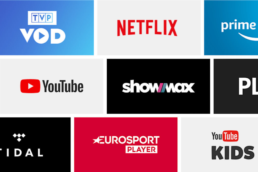 Obraz przedstawia logotypy różnych serwisów streamingowych, takich jak TVP VOD, Netflix, Prime Video, YouTube, Showmax, Player, Tidal, Eurosport Player i YouTube Kids.