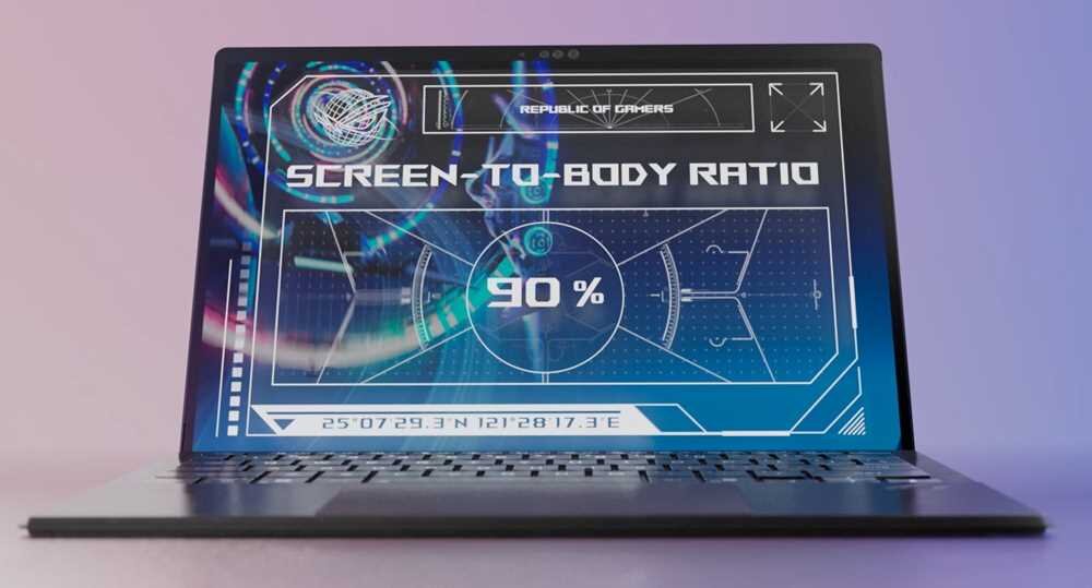 Laptop z wyświetlaczem pokazującym grafikę z napisem \'SCREEN-TO-BODY RATIO 90%\' oraz logo \'REPUBLIC OF GAMERS\'.