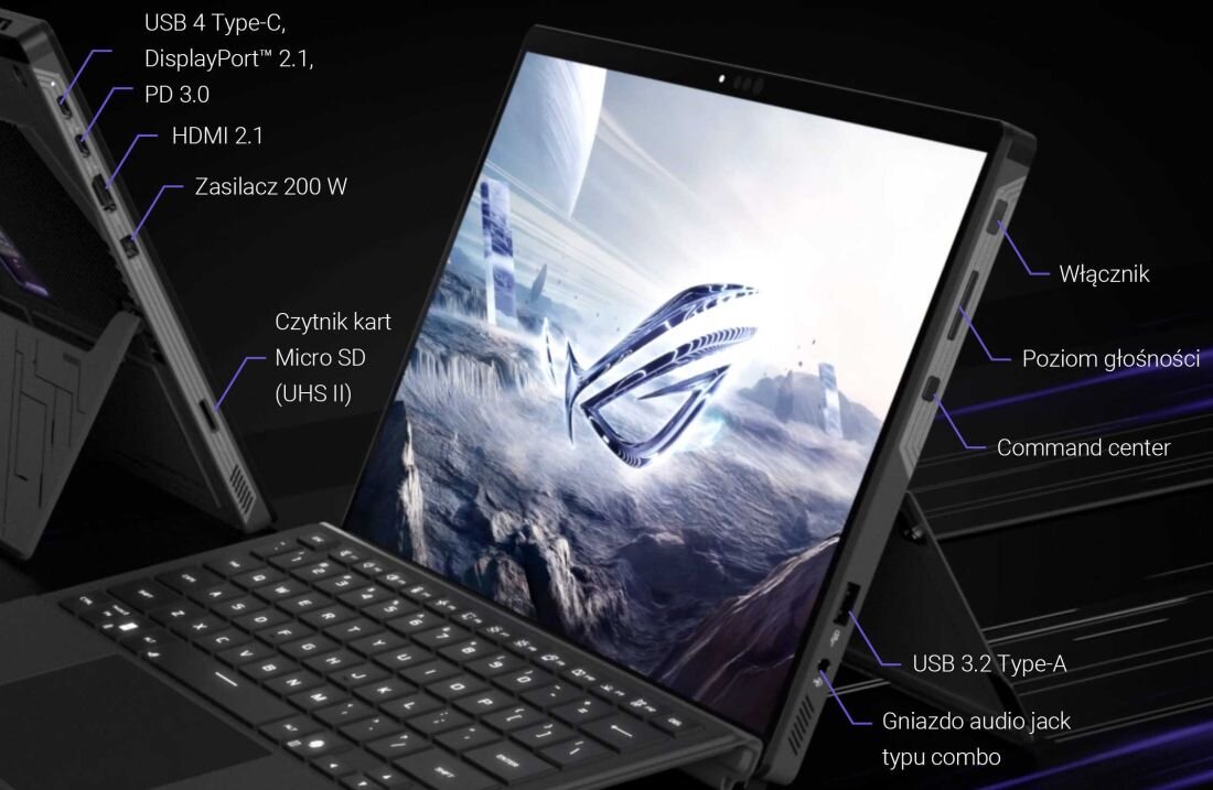 Obraz przedstawia laptop z ekranem wyświetlającym futurystyczną grafikę. Widoczne są opisy portów i funkcji, takie jak USB 4 Type-C, HDMI 2.1, czytnik kart Micro SD, włącznik, poziom głośności, USB 3.2 Type-A oraz gniazdo audio jack.