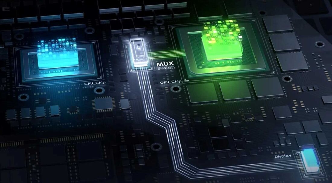 Obraz przedstawia schemat płyty głównej z widocznymi chipami oznaczonymi jako CPU Chip i GPU Chip, połączonymi liniami z napisem \'MUX Switch\'.