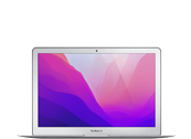 Laptop z ekranem wyświetlającym kolorowy gradient od fioletu do różu. Na obudowie widoczne jest logo \'MacBook Air\'.