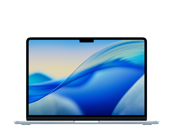 Laptop z wyświetlaczem Retina, na ekranie widoczna abstrakcyjna grafika w odcieniach niebieskiego. Obudowa w kolorze ciemnym, logo producenta APPLE na pokrywie.