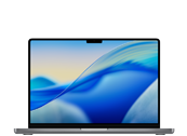 Laptop z dużym ekranem wyświetlającym abstrakcyjną grafikę w odcieniach niebieskiego i żółtego. Obudowa jest w ciemnym kolorze, a na górnej ramce ekranu znajduje się wycięcie na kamerę.