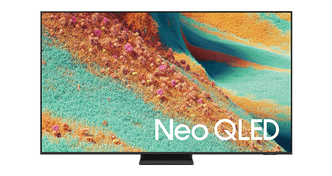 Telewizor z dużym ekranem wyświetlający kolorowy, abstrakcyjny wzór z napisem \'Neo QLED\' w dolnej części.