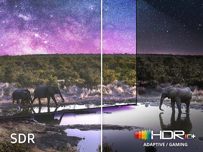 Obraz przedstawia porównanie jakości obrazu z technologią SDR i HDR10+ na ekranie telewizora. Po lewej stronie widoczny jest napis \'SDR\', a po prawej logo \'HDR10+ ADAPTIVE / GAMING\'.