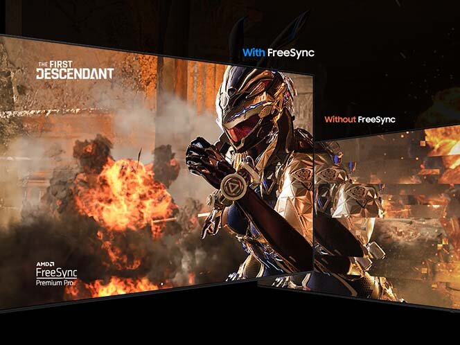 Obraz przedstawia postać w zbroi na tle eksplozji, z tekstem \'The First Descendant\'. Po lewej stronie widnieje napis \'With FreeSync\', a po prawej \'Without FreeSync\'.