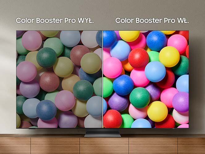 Obraz przedstawia telewizor z podzielonym ekranem, pokazującym różnicę w jakości kolorów. Po lewej stronie widnieje napis \'Color Booster Pro WYŁ.\', a po prawej \'Color Booster Pro WŁ.\'.