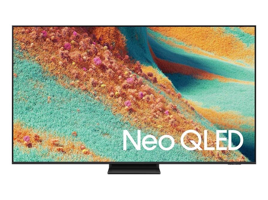 Telewizor z dużym ekranem wyświetlający kolorowy, abstrakcyjny obraz. Na ekranie widoczny jest napis \'Neo QLED\'.