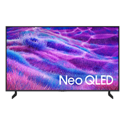 Telewizor z wyświetlaczem prezentującym abstrakcyjny, kolorowy wzór w odcieniach fioletu i niebieskiego. Na ekranie widoczny jest napis \'Neo QLED\'.