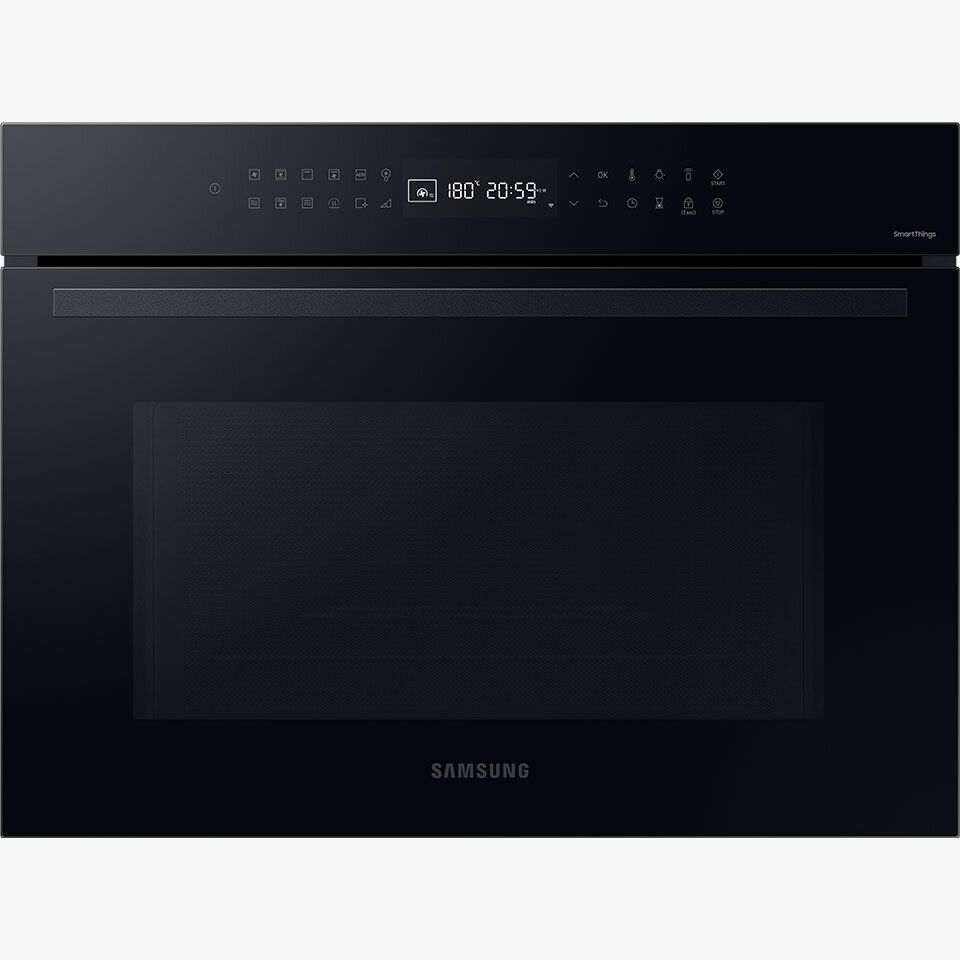 Piekarnik kompaktowy Samsung NQ5B4353FBK Czarny piekarnik z panelem dotykowym, na którym widoczny jest tekst \'180° 20:59\'. Na dole znajduje się logo \'SAMSUNG\'.