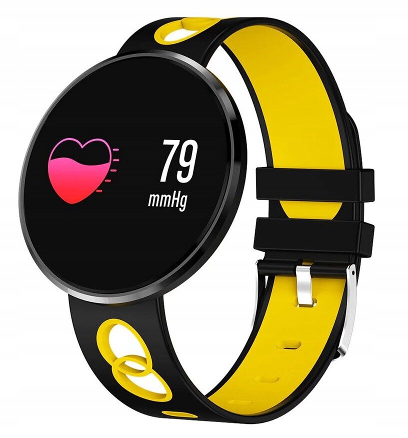 Smartwatch z okrągłym ekranem wyświetla ikonę serca i wartość \'79 mmHg\'. Pasek jest czarno-żółty z otworami.