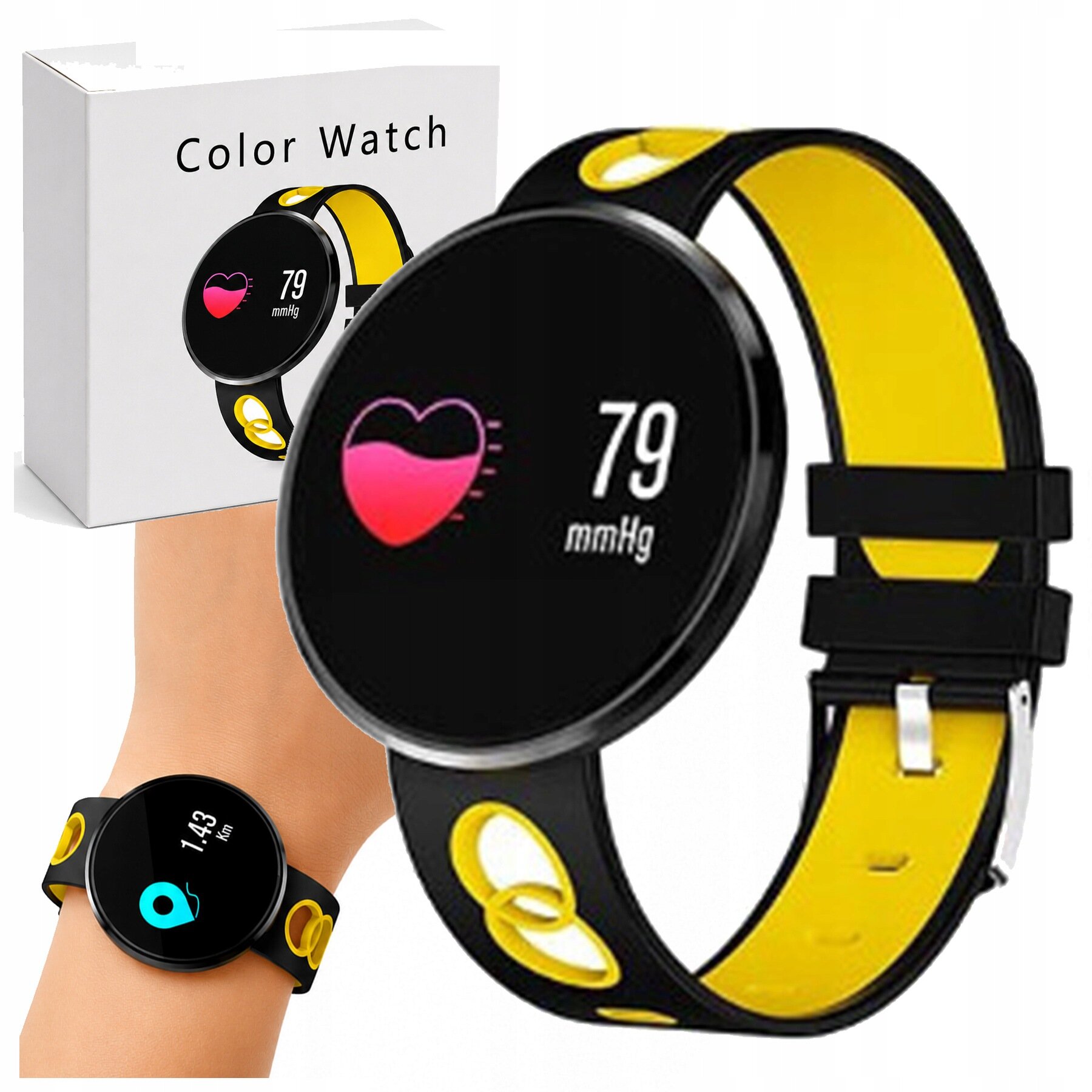 Smartwatch z czarnym i żółtym paskiem oraz kolorowym ekranem wyświetlającym ikonę serca i wartość 79 mmHg. W tle widoczne jest pudełko z napisem \'Color Watch\'.